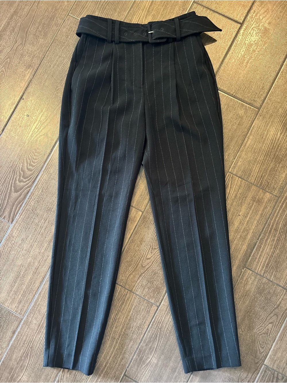 Express Pinstripe High-Waist Tapered Pants with Belt 00